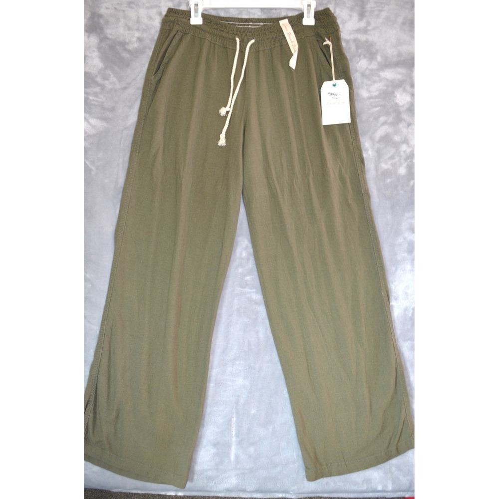 April Kiss Green Linen Beach Pants Womens L Boho High Waist Wide Leg Nwt's